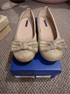 Stuart Weitzman Little Girls Gold Glitter Bow Ballet Flats